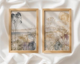 Sandy Beige Muted Gold Floral Set of 2 Prints, Boho Decor, Diptych Wall Art, Unframed Wall Art for Living Room, Made to Order_881a
