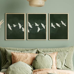 Dark Green Crane Triptych Wall Art - Japandi Minimalist Bird Prints, Nature-Inspired Large Wall Decor for Living Room or Bedroom