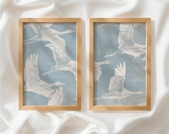 Dusty Blue White Crane Set of 2 Prints, Japandi Decor, Diptych Wall Art, Unframed Wall Art for Living Room, Made to Order_882a