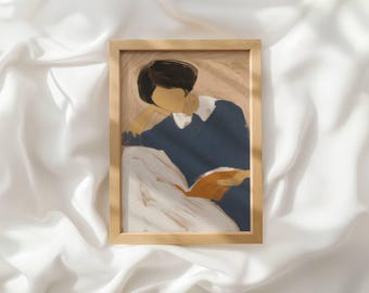 May include: A rectangular wooden frame containing an abstract painting of a person with dark hair wearing a dark blue shirt with a white collar, reading an orange book. The figure is depicted against a light tan background with soft brushstrokes.
