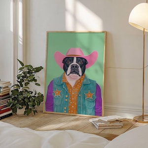 Cowboy Dog Art, Funky Western Art, Cowboy Hat Art, Cowgirl Print, Trendy Cowgirl Art, Black Dog Print, Country Aesthetic, Pastel Wall Art