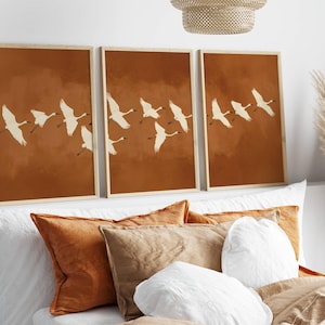 Earth Tone Crane Triptych - Japandi Minimalist Wall Art, Warm Orange and Brown Bird Prints for Cozy Modern Decor