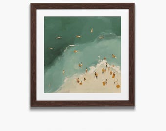 Green People On The Beach Print, Teal Ocean Coastal Wall Art_683sq