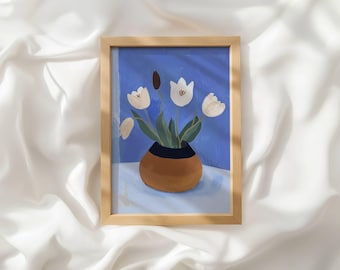 White Tulip Wall Art: Naive Floral Still Life Print, Blue and Terracotta Vase Painting, Modern Printable Decor_117