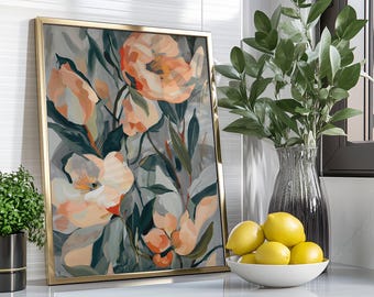 Flower Print, Peach and Green Wall Art, Abstract Floral Art, Botanical Wall Art, Peach Petal Fine Art Print, Maximalist Art