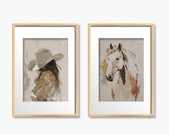 Conjunto de gravuras Coastal Cowgirl & Horse: Decoração Western Bege, Arte de Parede Marrom_458a