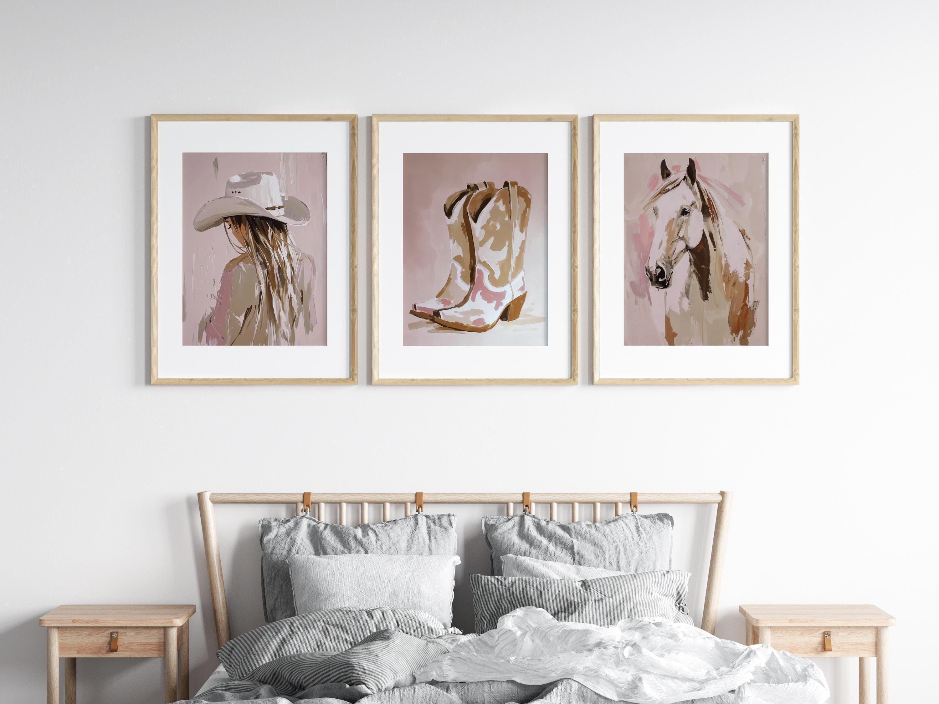 2 Stampe Su Tela Western Cowboy Girl - Quadri Rosa Con Cavalli E Ragazze A Cavallo, Decorazione Parete Per Camera Da Letto Ragazze