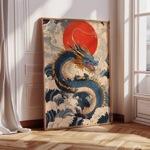 Japanese Dragon Wall Art, Japandi Digital Painting Poster, Japanese nature Artwork, Housewarming gift idea, man cave wall art drawing