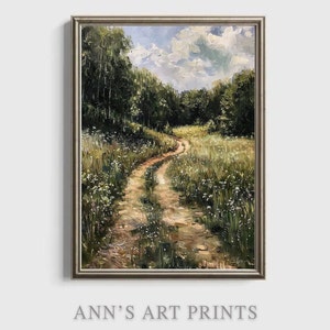Pintura al óleo de camino de bosque / Hermosa descarga digital imprimible / Bosque y pasto, paisaje verde / Impresión en arte de pared para el hogar / 04