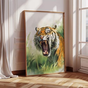 Tiger Wall Art Oil Painting Animal Lover portrait Printable Digital Download Wild Jungle Indian Animals Print at home wall art jungle leaves