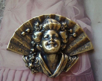 Oriental Geisha Girl With Large Fan Background, Lovely Brass Ox, Makes a GREAT Cuff With Shaping, Will Drill As Directed For Pendant