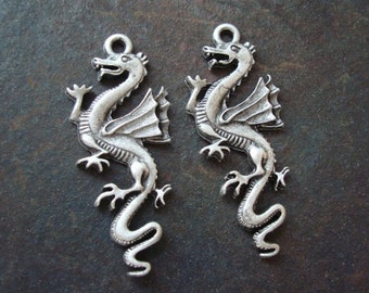 Clearance, 2 Silver Dragon Earring Supply, Metal Castings Pendants, USA Metals, Necklace Supplies, Fantasy Creature