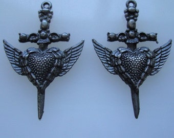 2 SWORDS THROUGH The HEART Of Wing Pendants, 1 5/8 Inches Tall