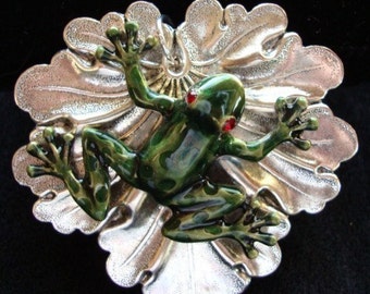 A SIMPLE KISS And This May BeYour Prince, EnMel Frog On A Silver Ox Leaf Jewelry Pendant or Completed Necklace,