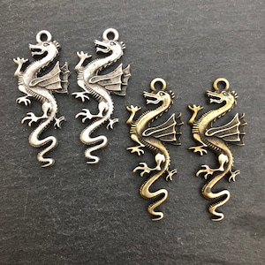 Dragons, Silver or Brass, 2 Dragon Pendants, 2 Inches Tall, Earring Supplies, Necklace Component, or Use For Embellishments