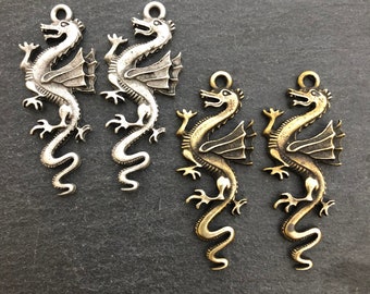 Dragons, Silver or Brass, 2 Dragon Pendants, 2 Inches Tall, Earring Supplies, Necklace Component, or Use For Embellishments
