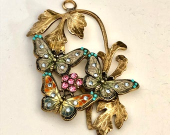 Butterflies On Brass Leaf Necklace Pendant, Custom Made Pendant, Soldered Together Not Glued, Butterflies & Flower Rhinestones, USA