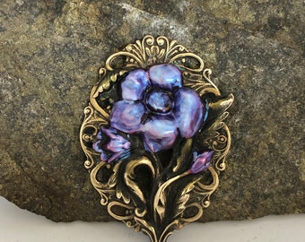 Beautiful Spring Floral Pendant Or Completed Necklace, Custom Made, Polished Brass Hand Stained and Sealed