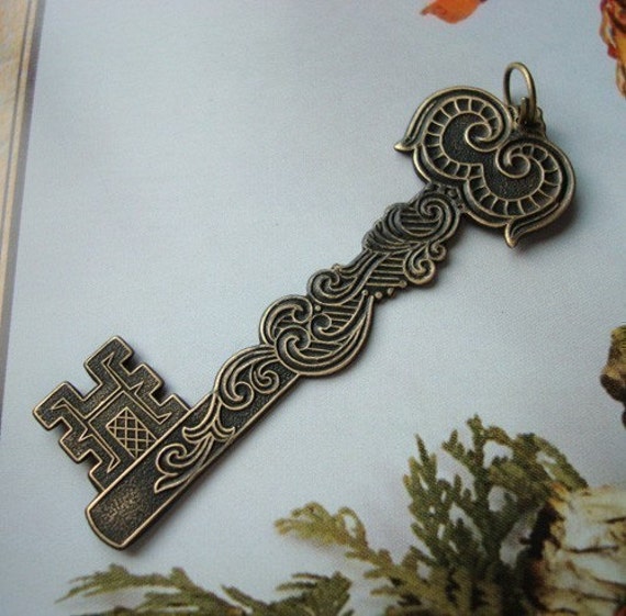 Decorative Skeleton Key Brass Ox Pendant Drilled or Not Etsy