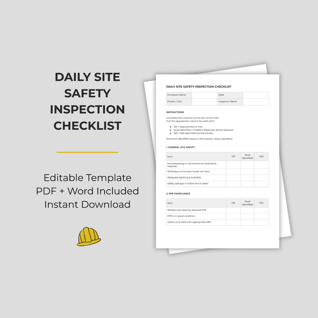 Daily Site Safety Inspection Checklist | Editable EHS HSE Template ...