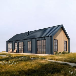 het WEIDEHUIS | Architectonisch boerenhuisplan, blauwdruk afgelegen hut, Barndominium DIY-huisplan, plattegrond modern huisje, 2 slaapkamers en 1 badkamer