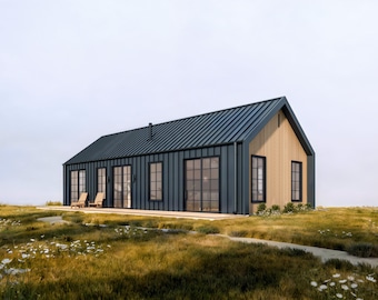 Könnte beinhalten: Ein modernes, einstöckiges Haus mit einem schwarzen Metalldach und -verkleidung. Das Haus hat große Fenster und eine Holztür. Das Haus steht auf einer grasbewachsenen Wiese.