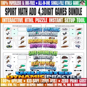 May include: A digital educational game bundle titled SPORT MATH ADD 4,3DIGIT GAMES BUNDLE. The interface features interactive picture math challenges with sports icons, infinite dynamic problem generation, mystery rewards, and touchscreen controls.