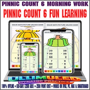 Può includere: Un gioco educativo di matematica digitale visualizzato su uno schermo di laptop, tablet e smartphone. L'interfaccia presenta Solve Math Picture Unlock Game con problemi di addizione e sottrazione, grafiche di zucche e una barra numerica da 0 a 9.