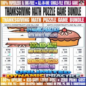 May include: A Thanksgiving math puzzle game bundle featuring a digital worksheet with addition and subtraction problems. The graphic includes a cartoon pie illustration, text reading Thanksgiving Math Puzzle Game Bundle, and various educational labels.