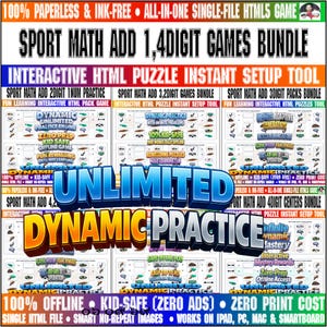 May include: A digital bundle of interactive HTML5 math games featuring sport-themed addition practice for 1 to 4-digit numbers. The display includes text such as Sport Math Add 1,4Digit Games Bundle, Unlimited Dynamic Practice, and Kid-Safe Zero Ads.