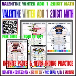 Winter Valentine Add 2Digit 1 Math Game Offline Interactive Fun Morning Work Sheet Practice Ed Tool