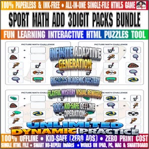 May include: A digital educational tool titled Sport Math Add 3Digit Packs Bundle, featuring interactive HTML math puzzles with sports equipment icons. The interface includes picture math challenges, infinite adaptive generation, and dynamic practice options for academic mastery.