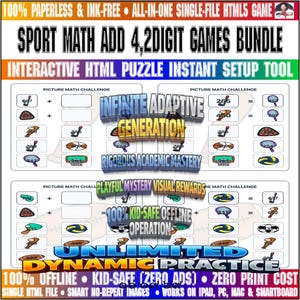 May include: A digital bundle of sport math addition games featuring 2-digit equations with sports equipment icons. The interface includes picture math challenges, interactive HTML puzzle tools, and text overlays like Infinite Adaptive Generation.