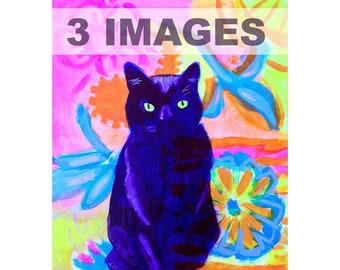 3 Psychedelic Black Cat Paintings
