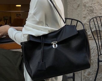 Bolso minimalista de ante, bolso tote grande, bolso de hombro de piel auténtica