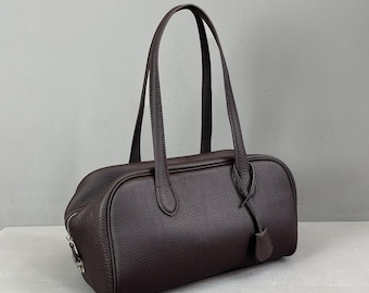 Minimal Handbag,Brown Shoulder Bag,Genuine Leather Tote Bag,Top Handle Bag