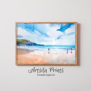 Cornwall Newquay Fistral Beach Watercolour Painting - Beautiful Beach & Sea View - Digital Art Download