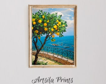 Sizilien Zitronenbaum Wandbild, italienische Küstenlandschaft, mediterrane Küche Dekor, impressionistischer Stil, Instant Download