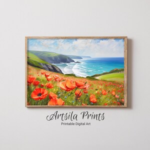 Cornwall Poppy Field Landscape Impressionist Oil Painting - Beautiful Field with Red Poppies & Coastal Sea View - Digital Art Download