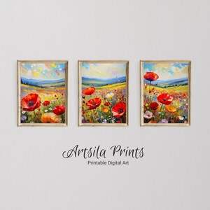 Poppy Fields Impressionist Oil Painting - Set of Three - Beautiful Field with Red Poppies - Downloadable Digital Wall Art