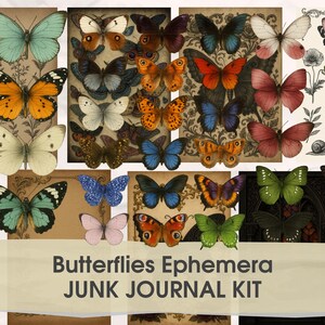 Butterflies Junk Journal Kit – Vintage Butterfly Ephemera and Printable Stickers for Scrapbooking, Collage Sheets, Antique Clipart