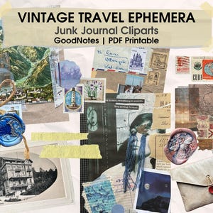 Vintage Travel Ephemera Junk Journal Kit – Postcards Stickers Paper Background Digital Stickers - Antique Paper Pack vintage clip arts