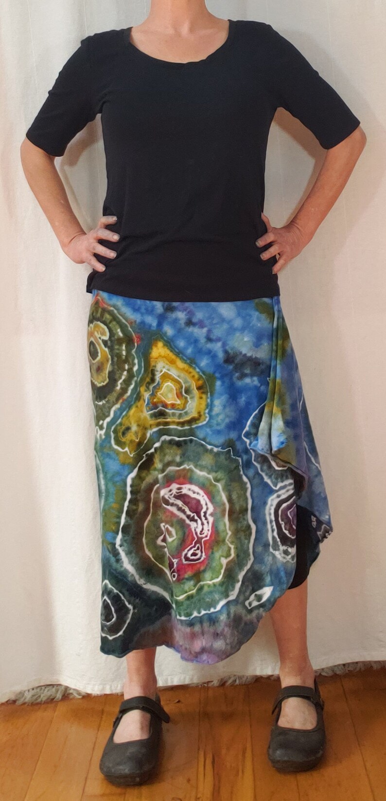 Very generous waist Small hand dyed geode asymmetrical lightweight jersey skirt