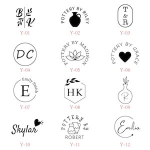 May include: A collection of black and white logo designs for pottery businesses. The logos feature various designs, including initials, floral elements, and pottery-related imagery. Each logo is labeled with a "Y" followed by a number.