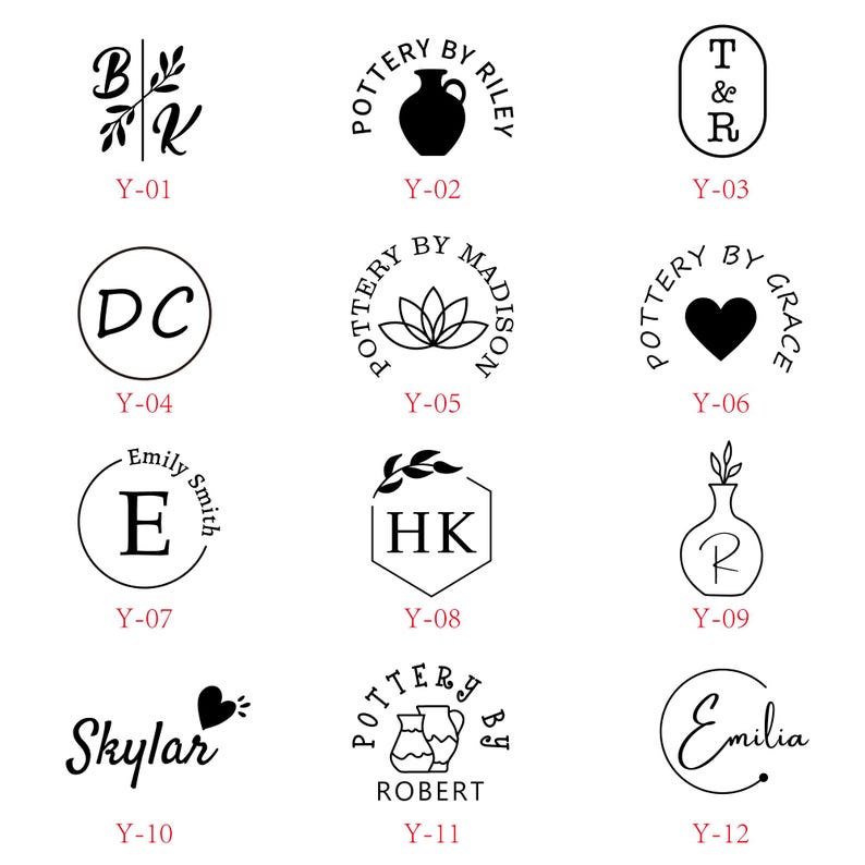 May include: A collection of black and white logo designs for pottery businesses. The logos feature various designs, including initials, floral elements, and pottery-related imagery. Each logo is labeled with a "Y" followed by a number.