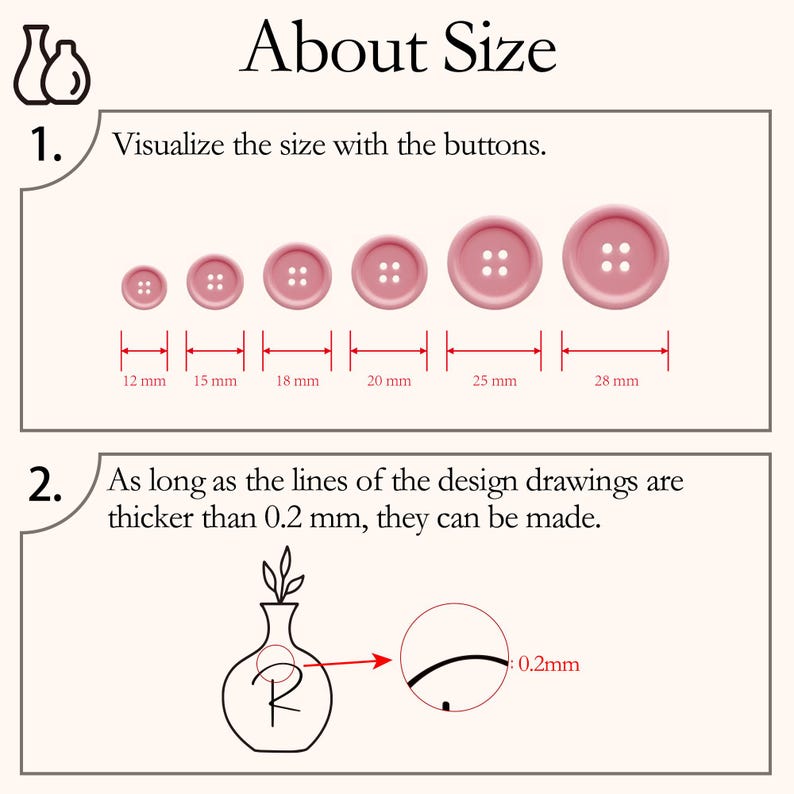 May include: Image showing pink buttons of varying sizes, with measurements in millimeters: 12 mm, 15 mm, 18 mm, 20 mm, 25 mm, and 28 mm. Text reads "About Size" and "Visualize the size with the buttons."
