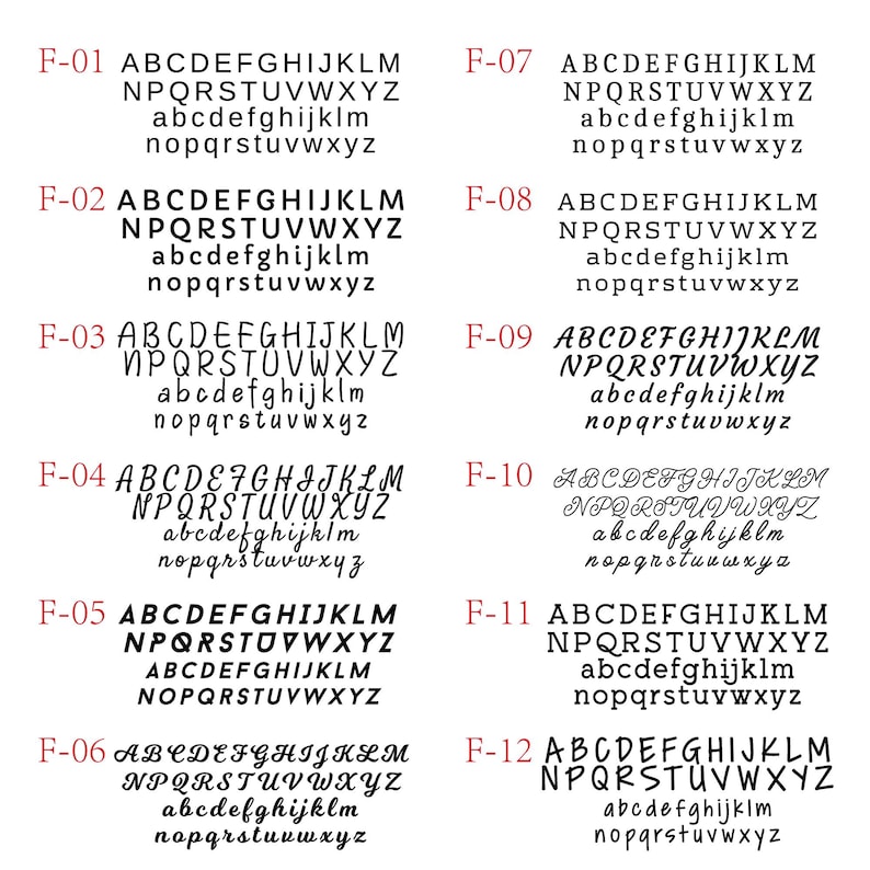 May include: A collection of twelve different font styles, each displayed with uppercase and lowercase alphabets, and numbers. The fonts vary in style, including serif, sans-serif, and script, with examples of each letter. The image is a reference for typography.