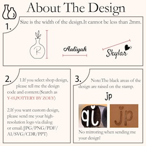 May include: Informational graphic about custom design options. Includes examples of personalized stamps with names and initials. Text explains design size, shop design codes, and custom logo submission guidelines. Features the text "About The Design".