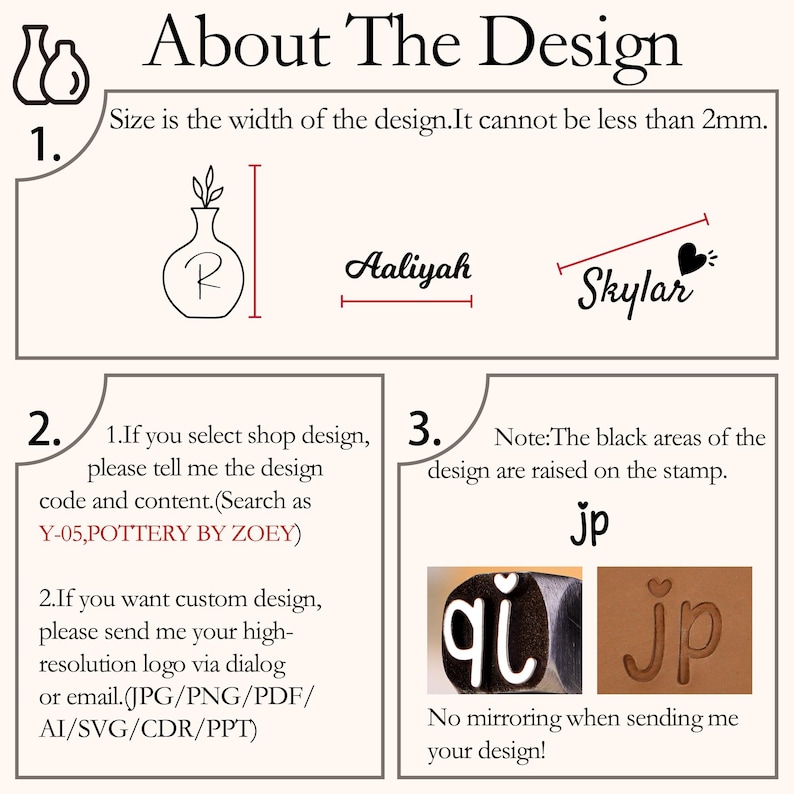 May include: Informational graphic about custom design options. Includes examples of personalized stamps with names and initials. Text explains design size, shop design codes, and custom logo submission guidelines. Features the text "About The Design".