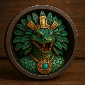 May include: A detailed, circular relief sculpture of a serpent-like creature with a crown and feathered headdress. The sculpture is primarily green and gold, set within a dark brown frame. The background is a wooden surface.
